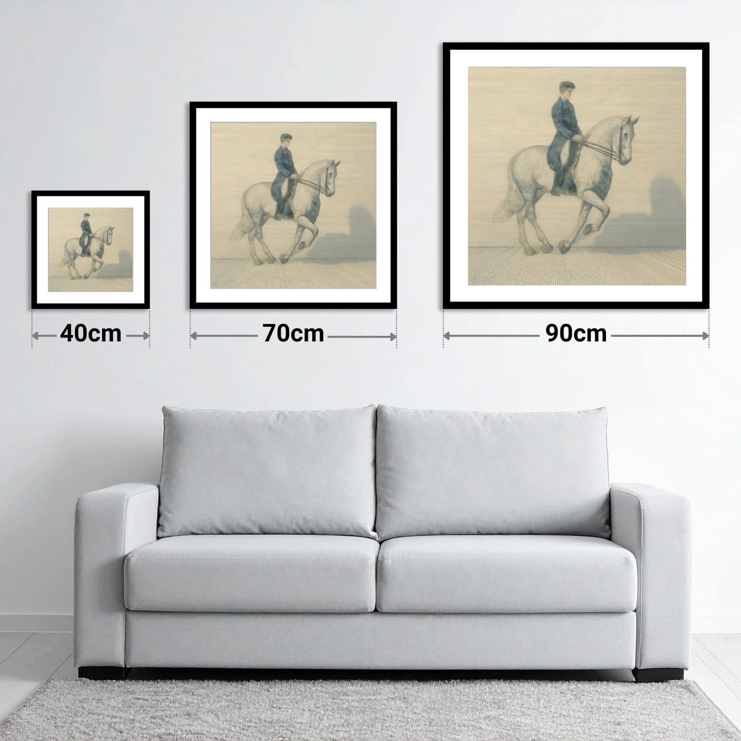 Structured Harmony - size guide showing 40cm, 70cm and 90cm art prints