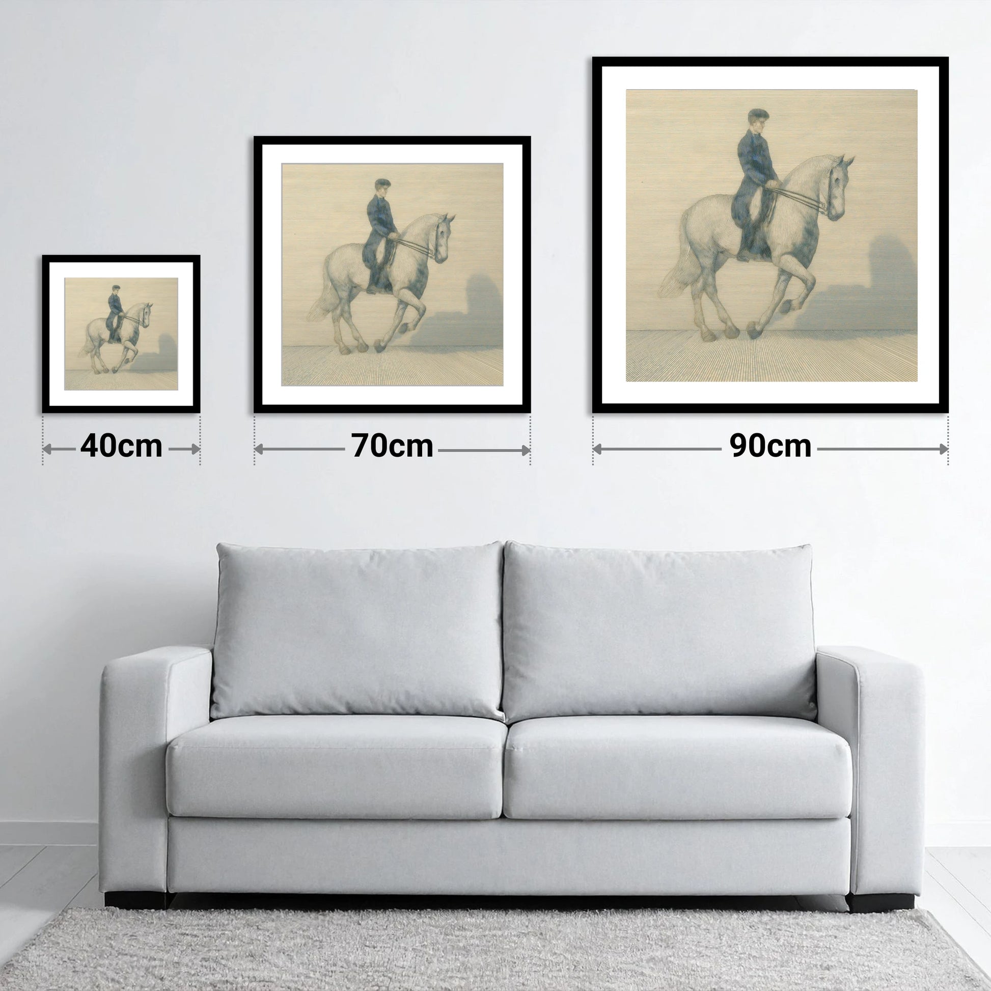 Structured Harmony - size guide showing 40cm, 70cm and 90cm art prints