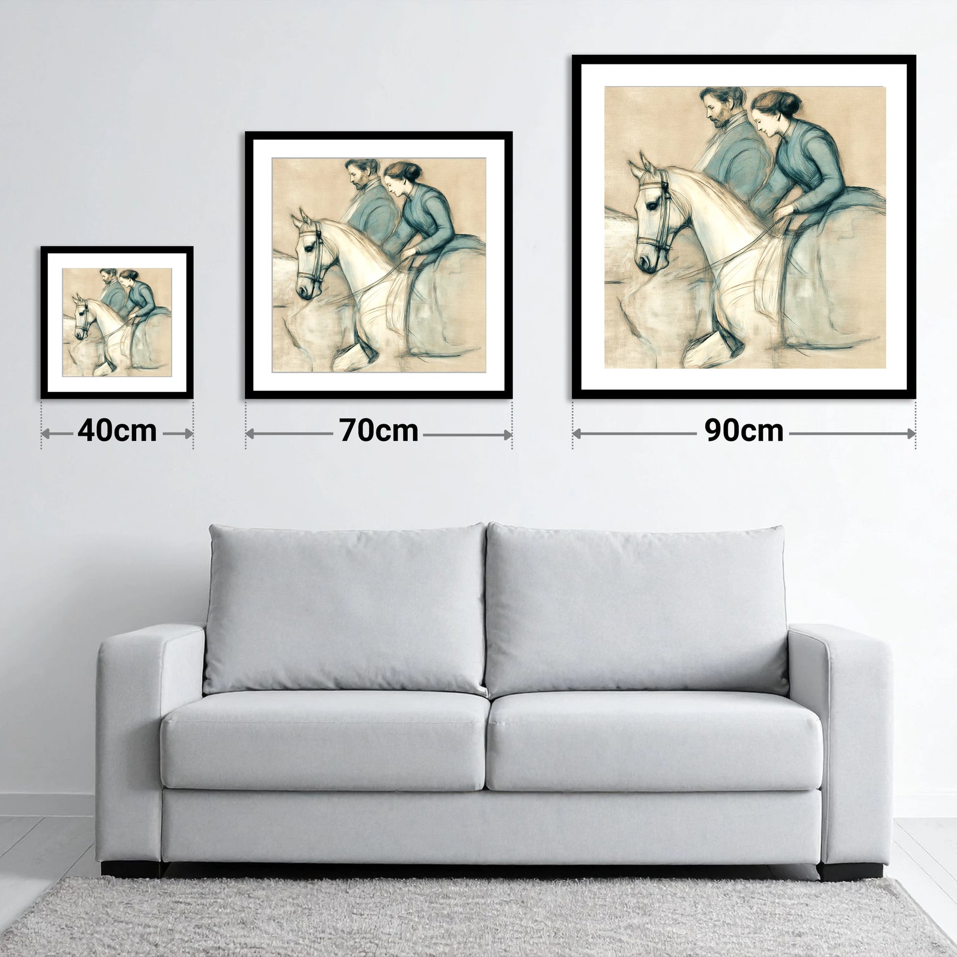 The Shared Journey - size guide showing 40cm, 70cm and 90cm art prints