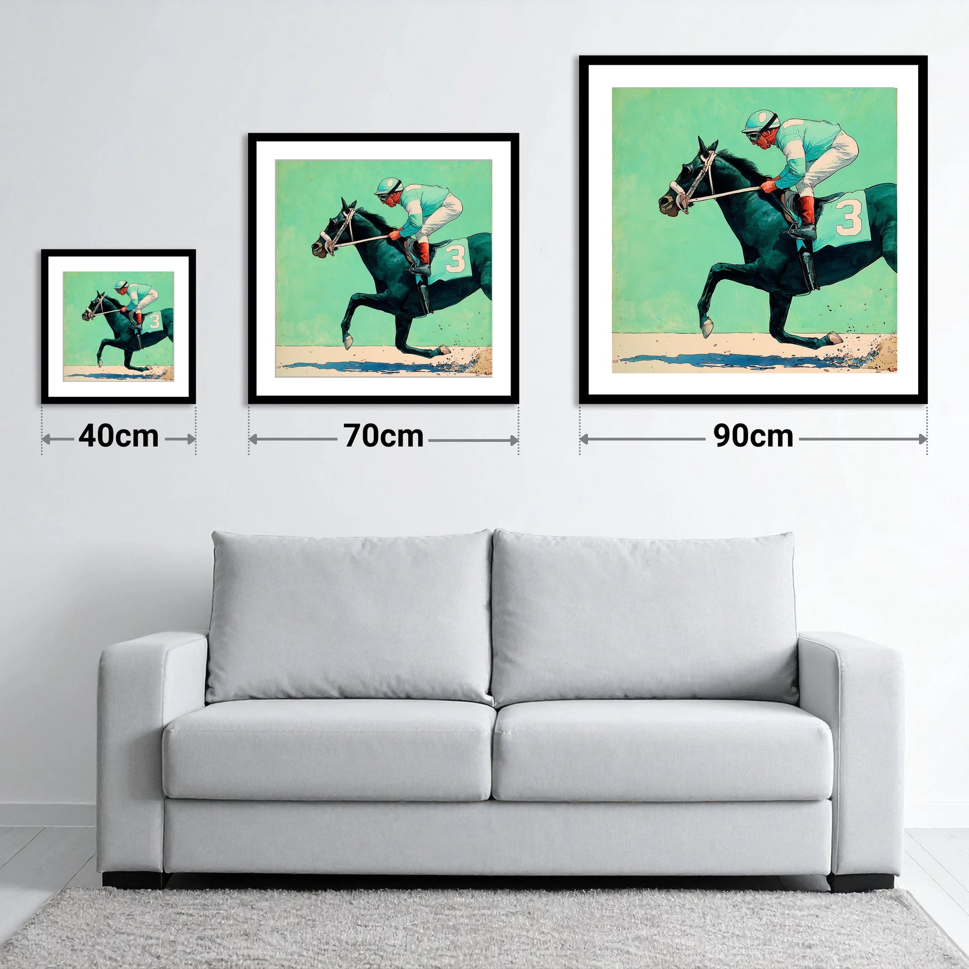 The Teal Flyer - size guide showing 40cm, 70cm and 90cm art prints