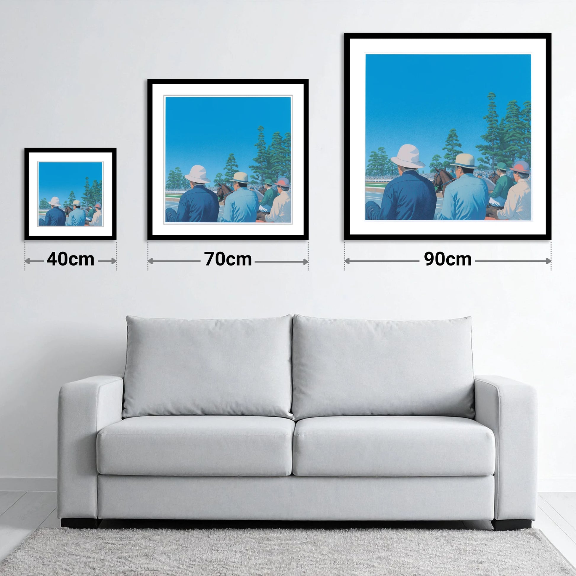 Trackside Anticipation - size guide showing 40cm, 70cm and 90cm art prints