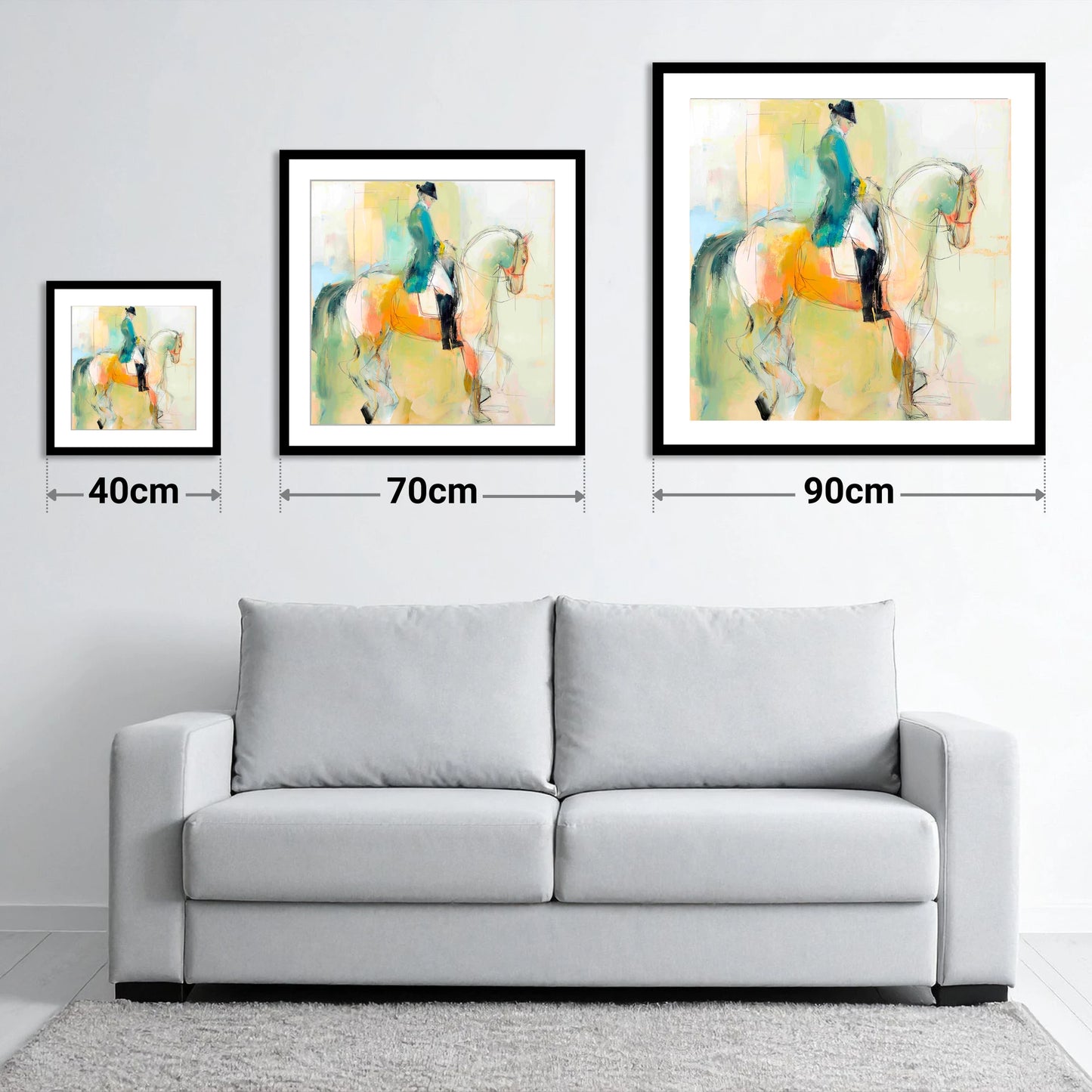 Abstract Dressage Harmony - size guide showing 40cm, 70cm and 90cm art prints