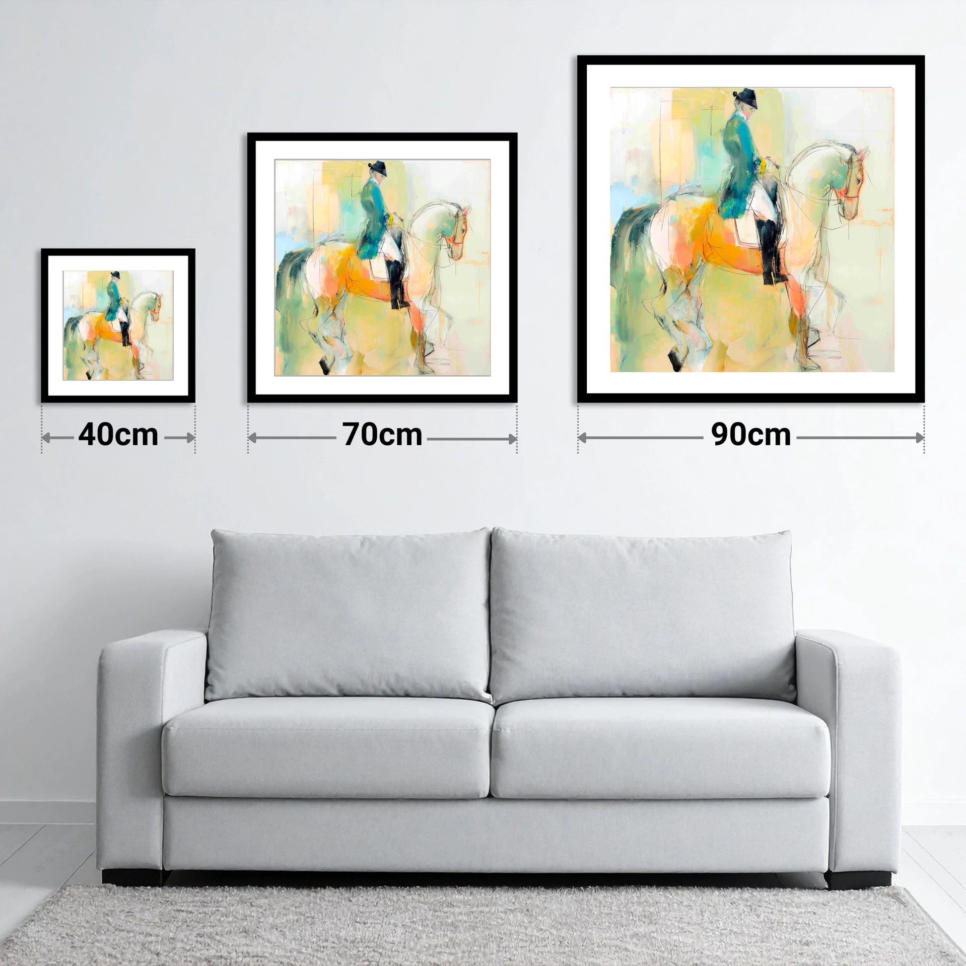 Abstract Dressage Harmony - size guide showing 40cm, 70cm and 90cm art prints