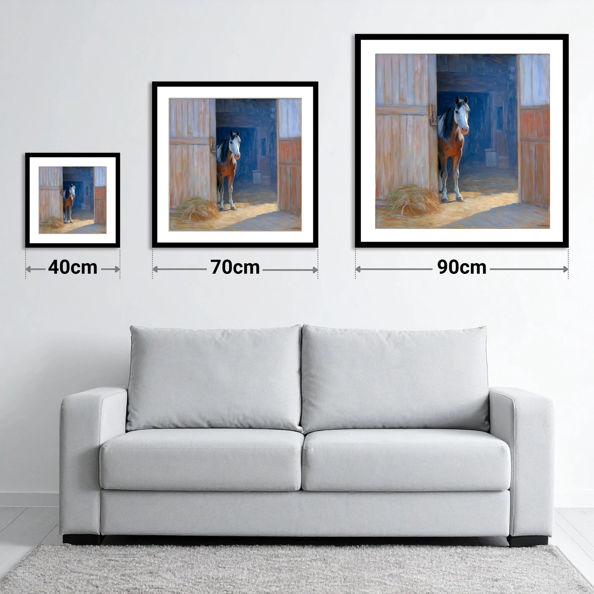 Sunlit Barn Doorway - size guide showing 40cm, 70cm and 90cm art prints