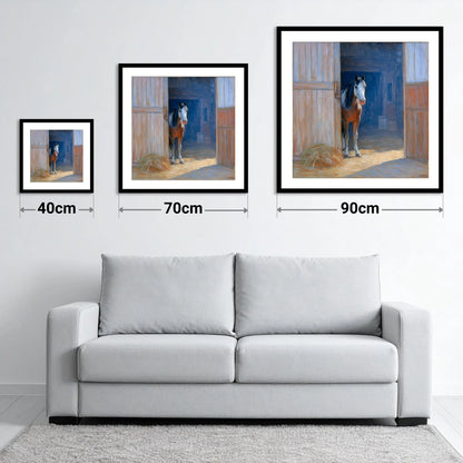Sunlit Barn Doorway - size guide showing 40cm, 70cm and 90cm art prints
