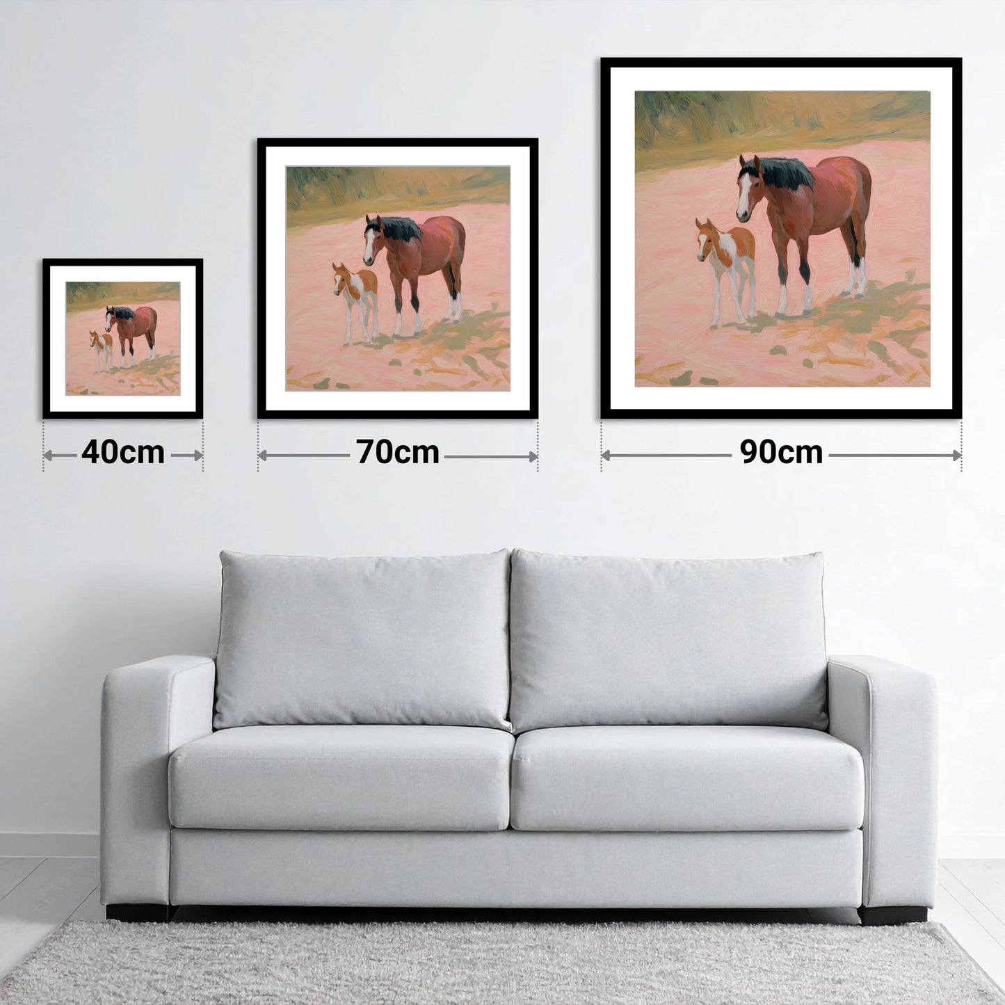 The Gentle Bond - size guide showing 40cm, 70cm and 90cm art prints