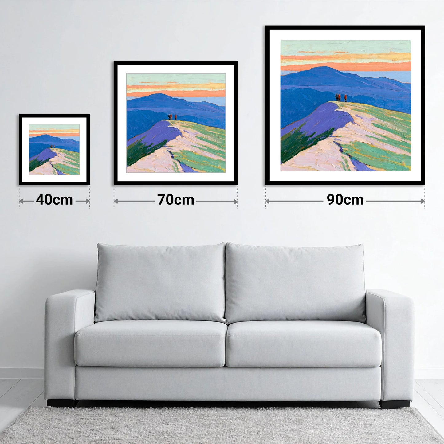 Hilltop Horizon - size guide showing 40cm, 70cm and 90cm art prints