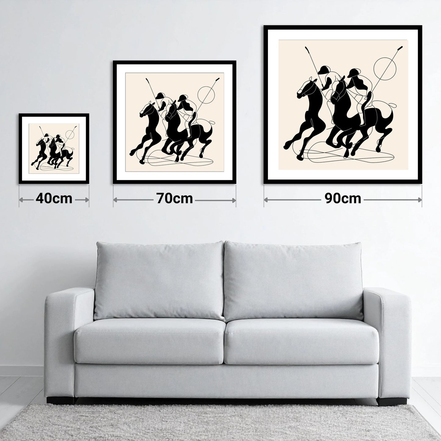 High Goal Dynamics - size guide showing 40cm, 70cm and 90cm art prints