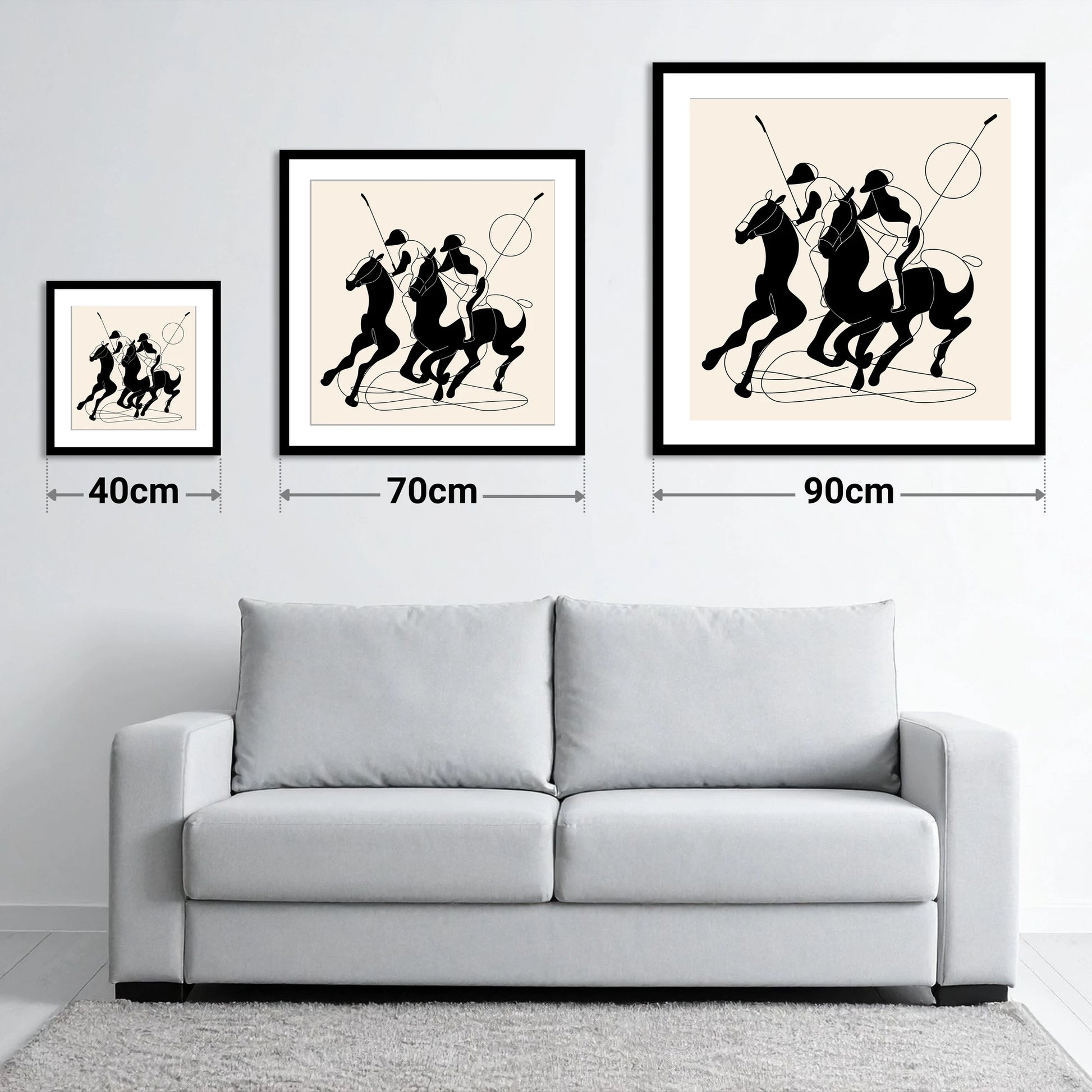 High Goal Dynamics - size guide showing 40cm, 70cm and 90cm art prints