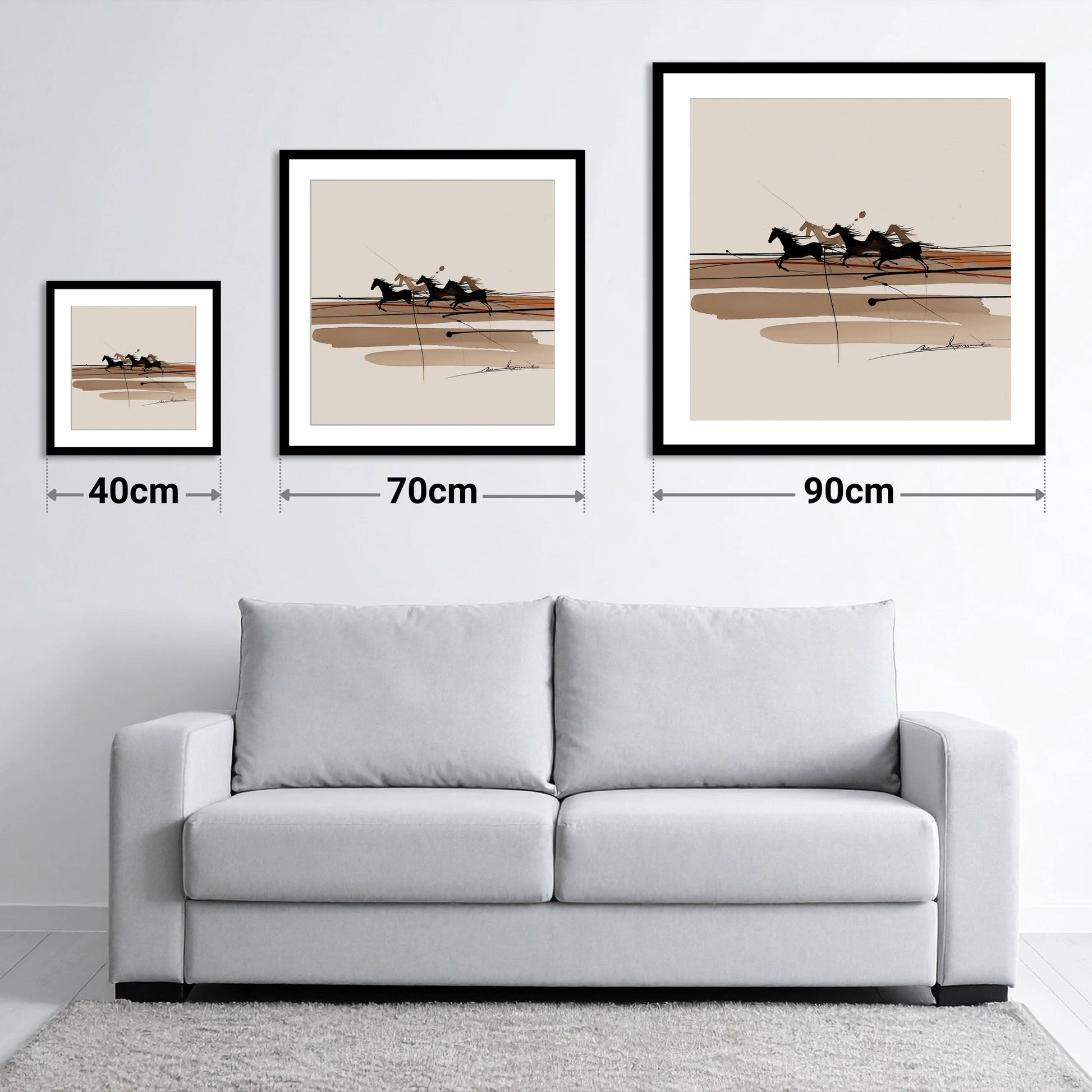 Thundering Shadows - size guide showing 40cm, 70cm and 90cm art prints