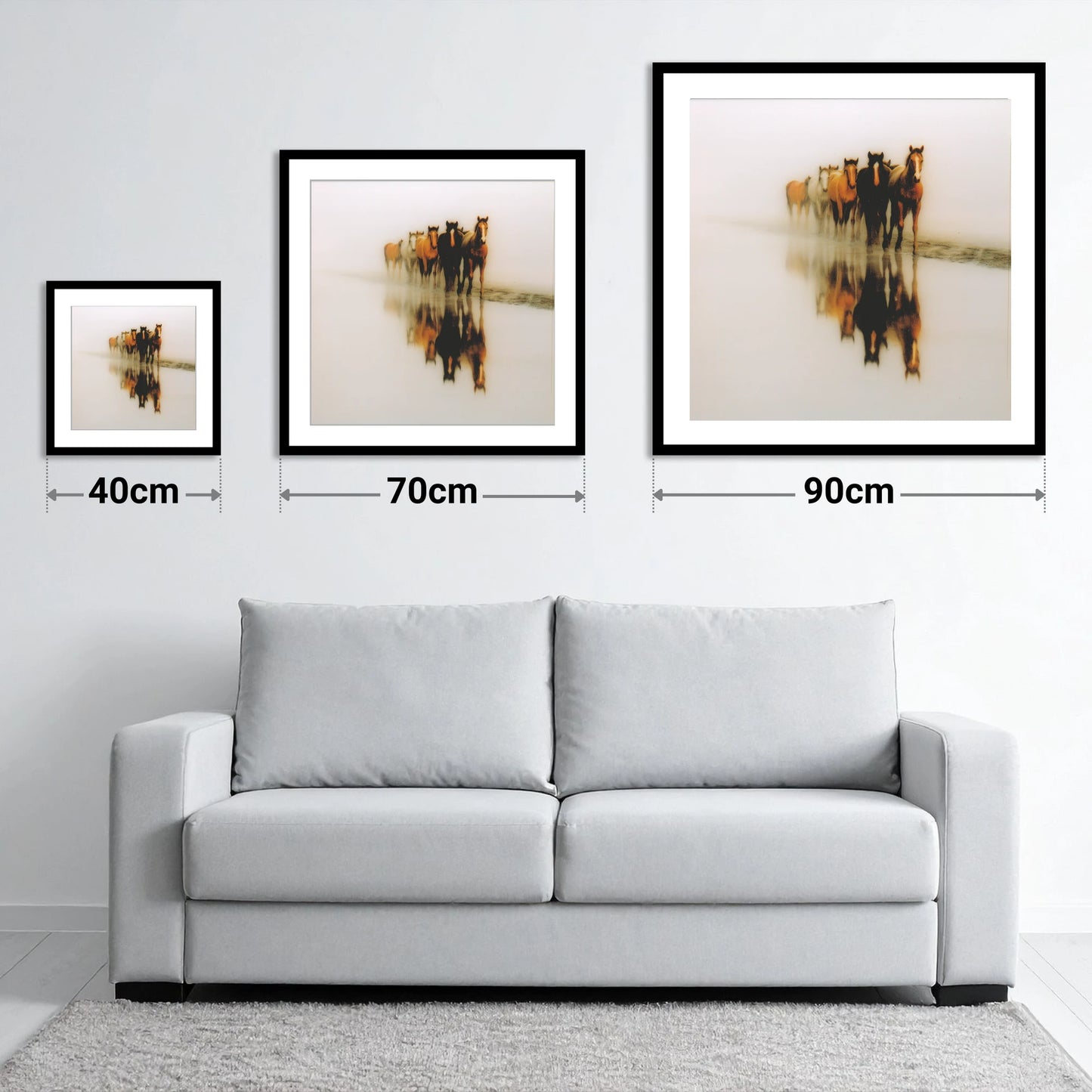Emerging From The Mist - size guide showing 40cm, 70cm and 90cm art prints