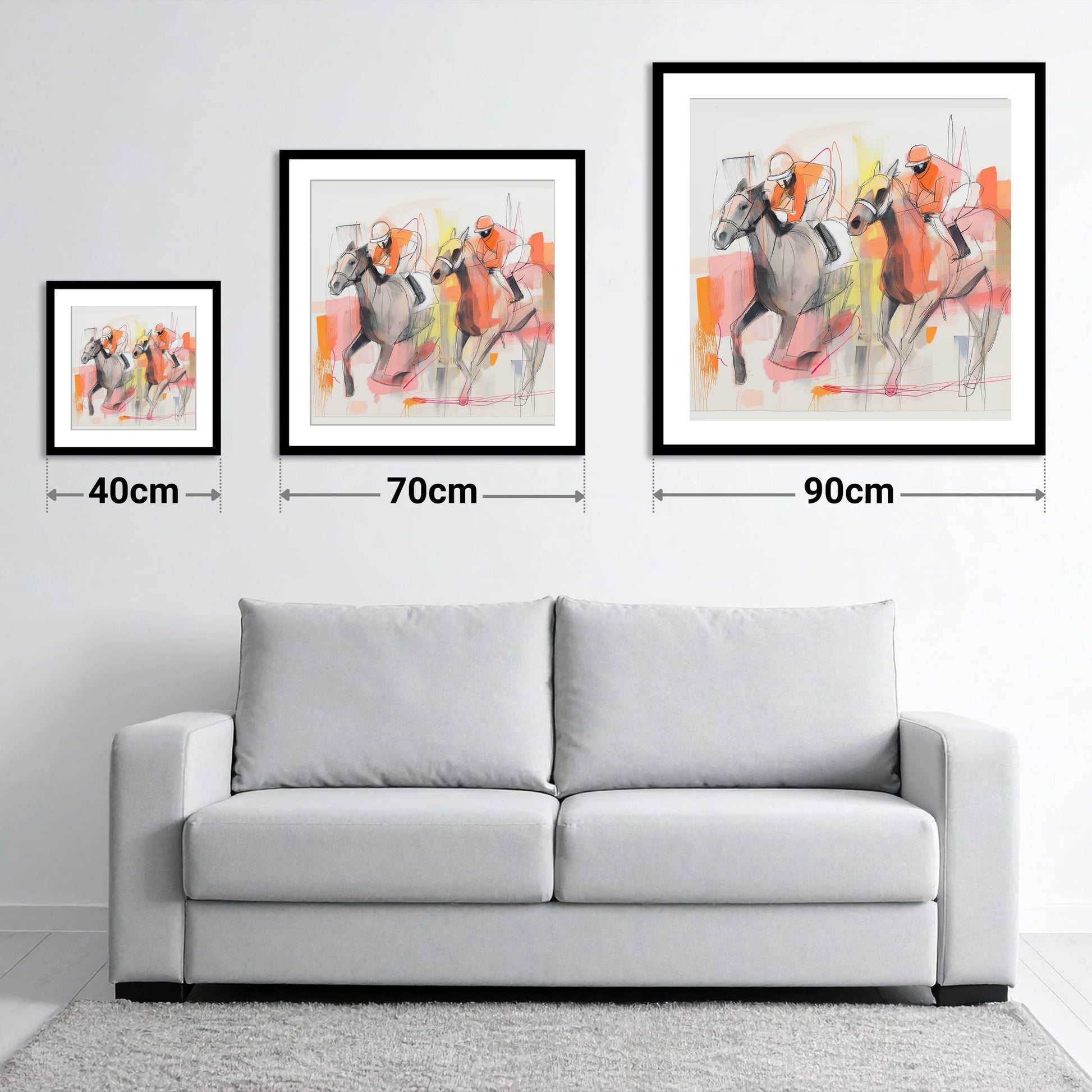 Vibrant Pursuit - size guide showing 40cm, 70cm and 90cm art prints
