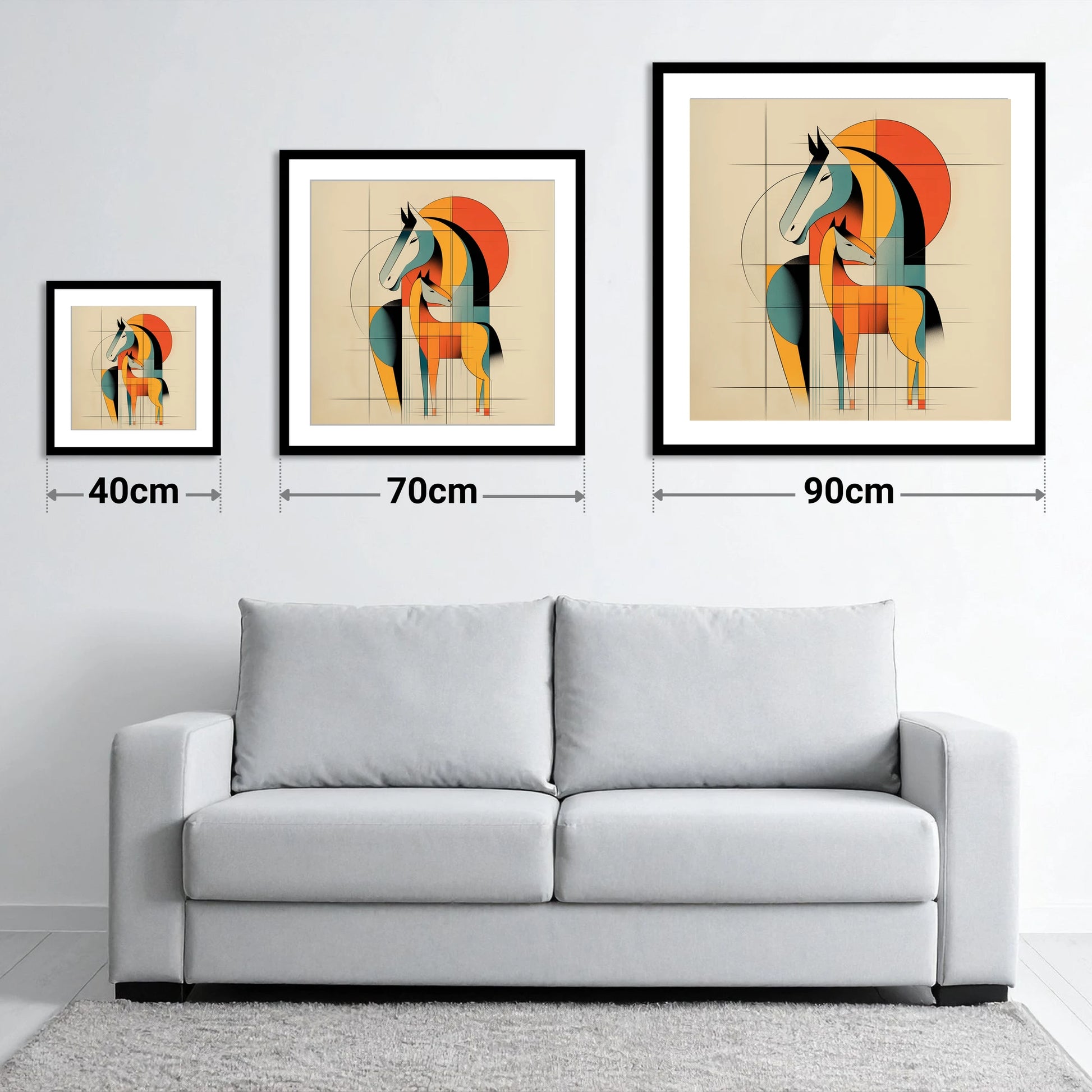 Geometric Equine Bond - size guide showing 40cm, 70cm and 90cm art prints