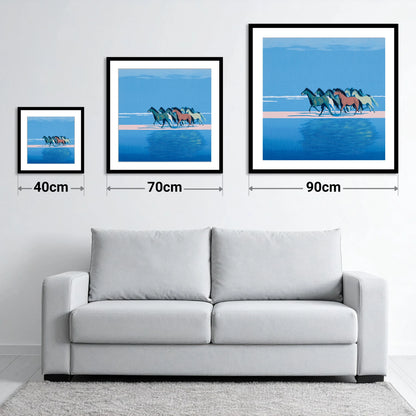 Coastal Canter - size guide showing 40cm, 70cm and 90cm art prints