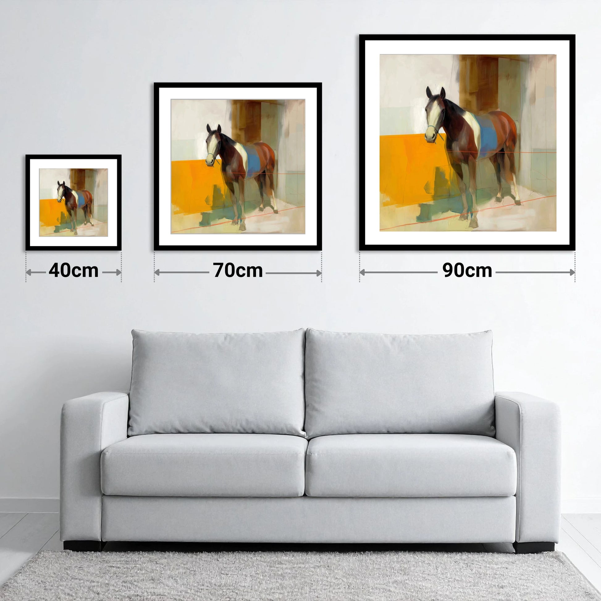 Bold Stable Geometry - size guide showing 40cm, 70cm and 90cm art prints