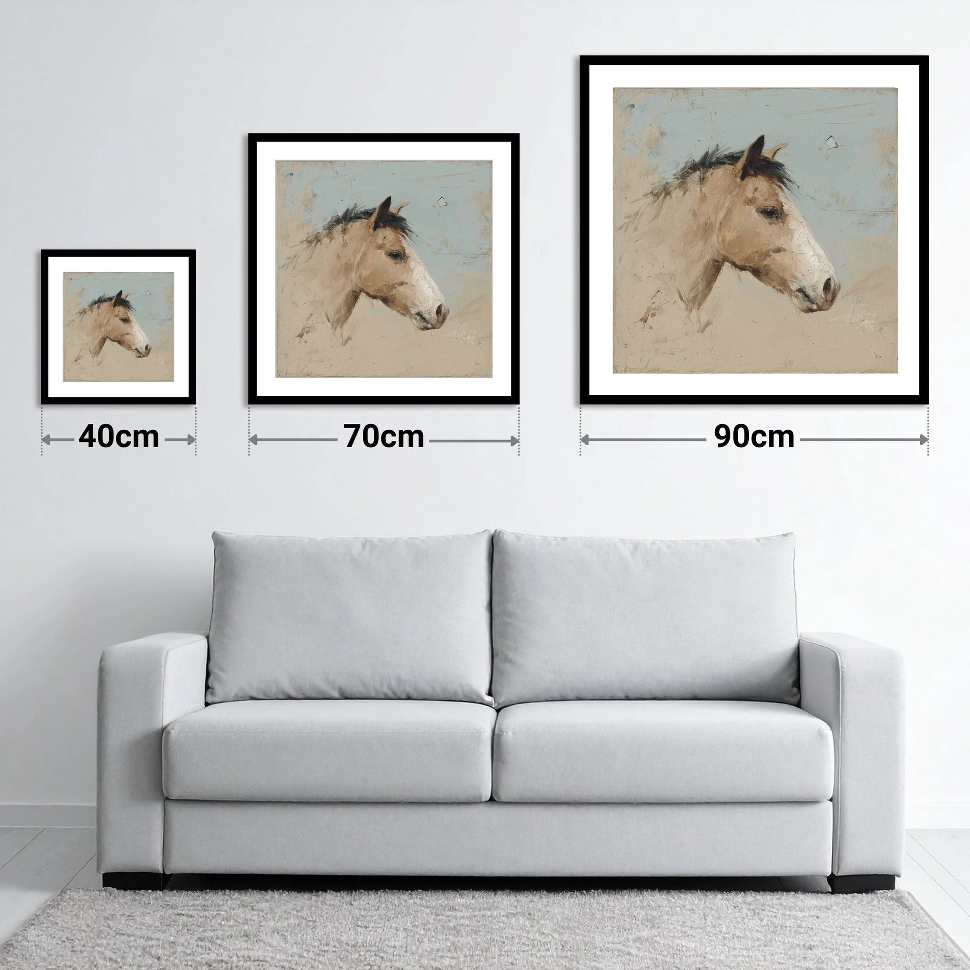 Study in Sand and Sky - size guide showing 40cm, 70cm and 90cm art prints