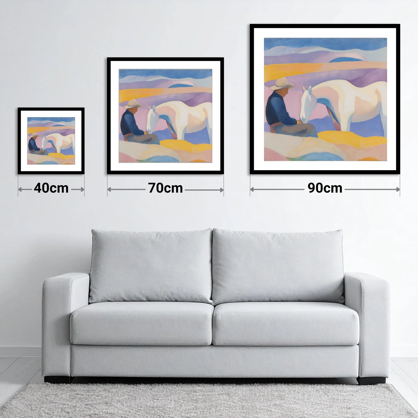The Quiet Companion - size guide showing 40cm, 70cm and 90cm art prints