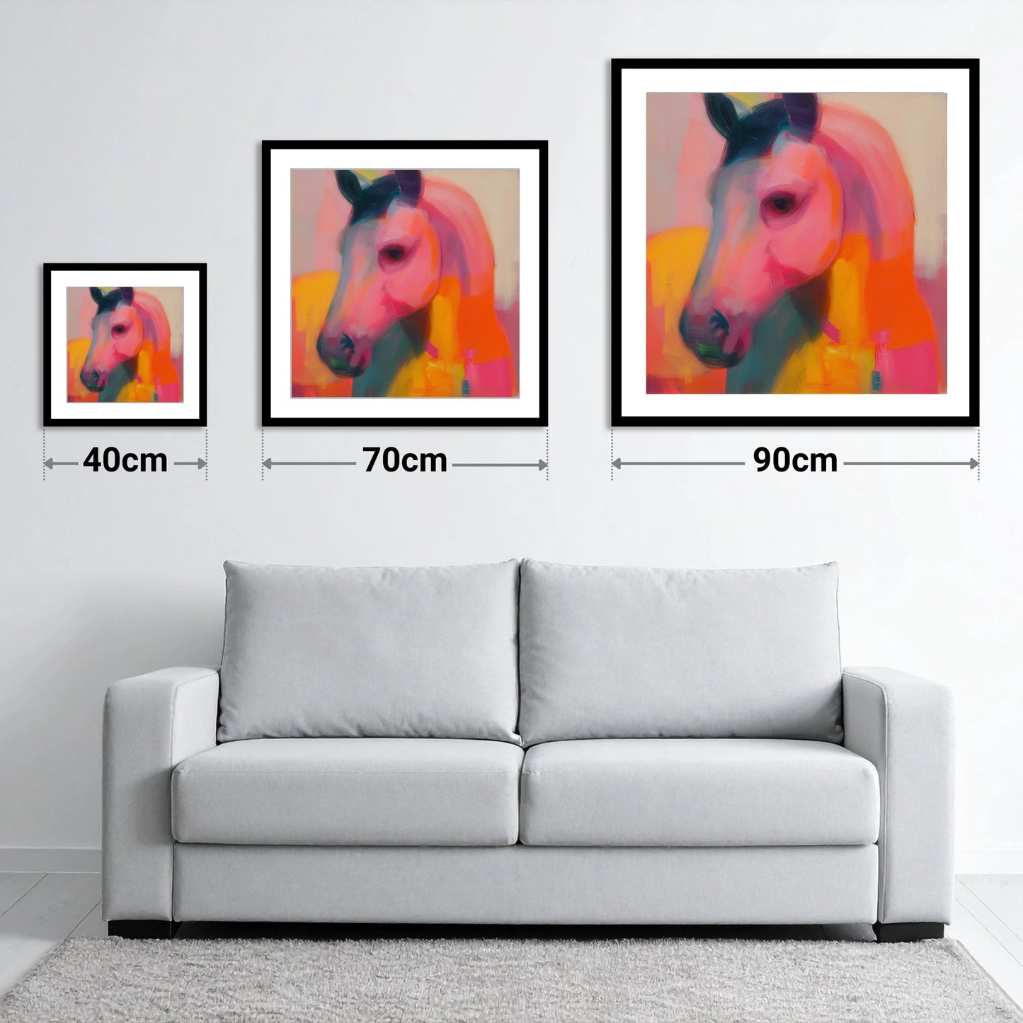 Radiant Equine Spirit - size guide showing 40cm, 70cm and 90cm art prints
