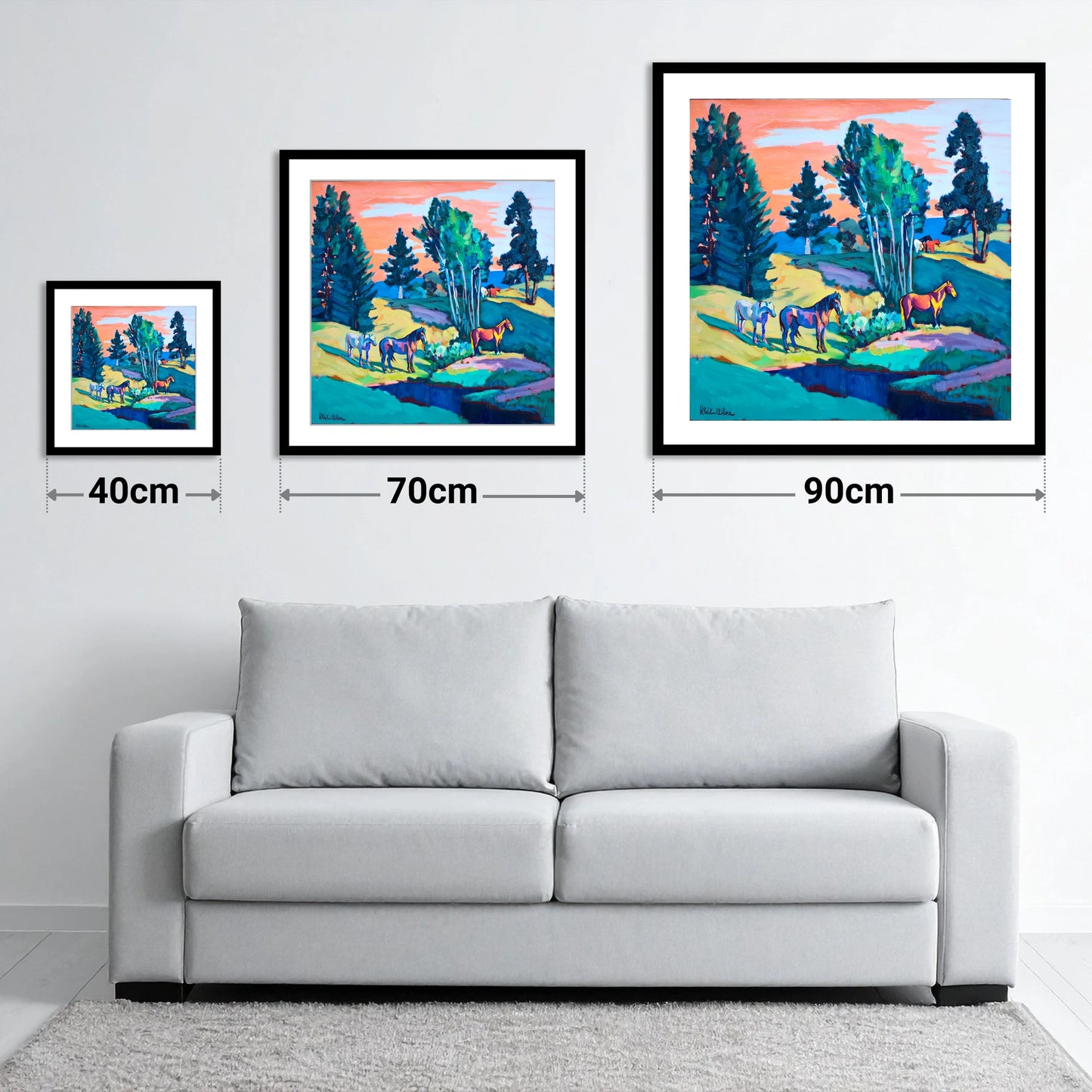 Vibrant Summer Pastures - size guide showing 40cm, 70cm and 90cm art prints