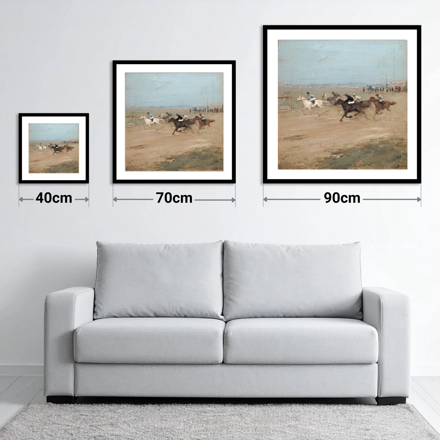 The Final Furlong - size guide showing 40cm, 70cm and 90cm art prints