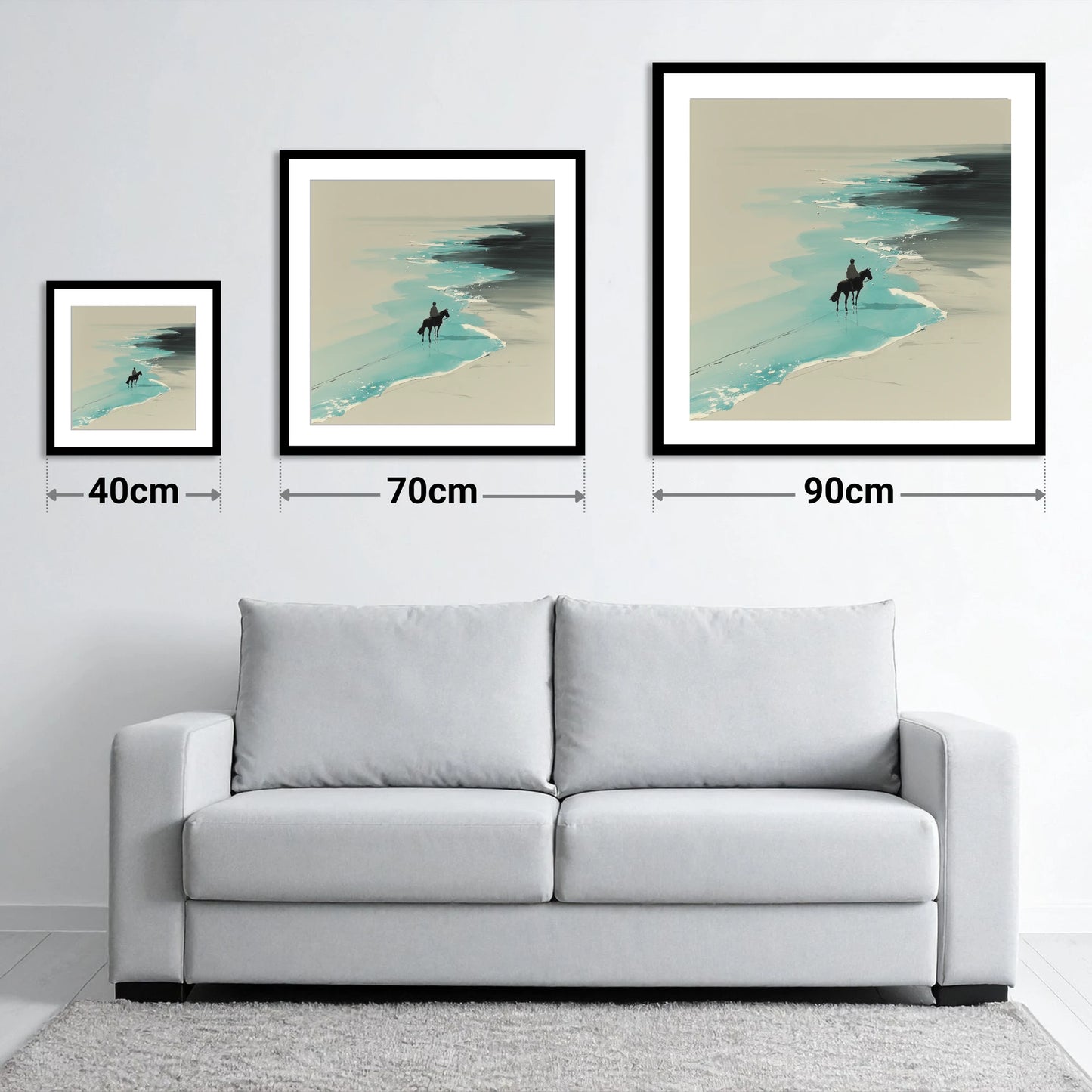 Edge of the Tide - size guide showing 40cm, 70cm and 90cm art prints