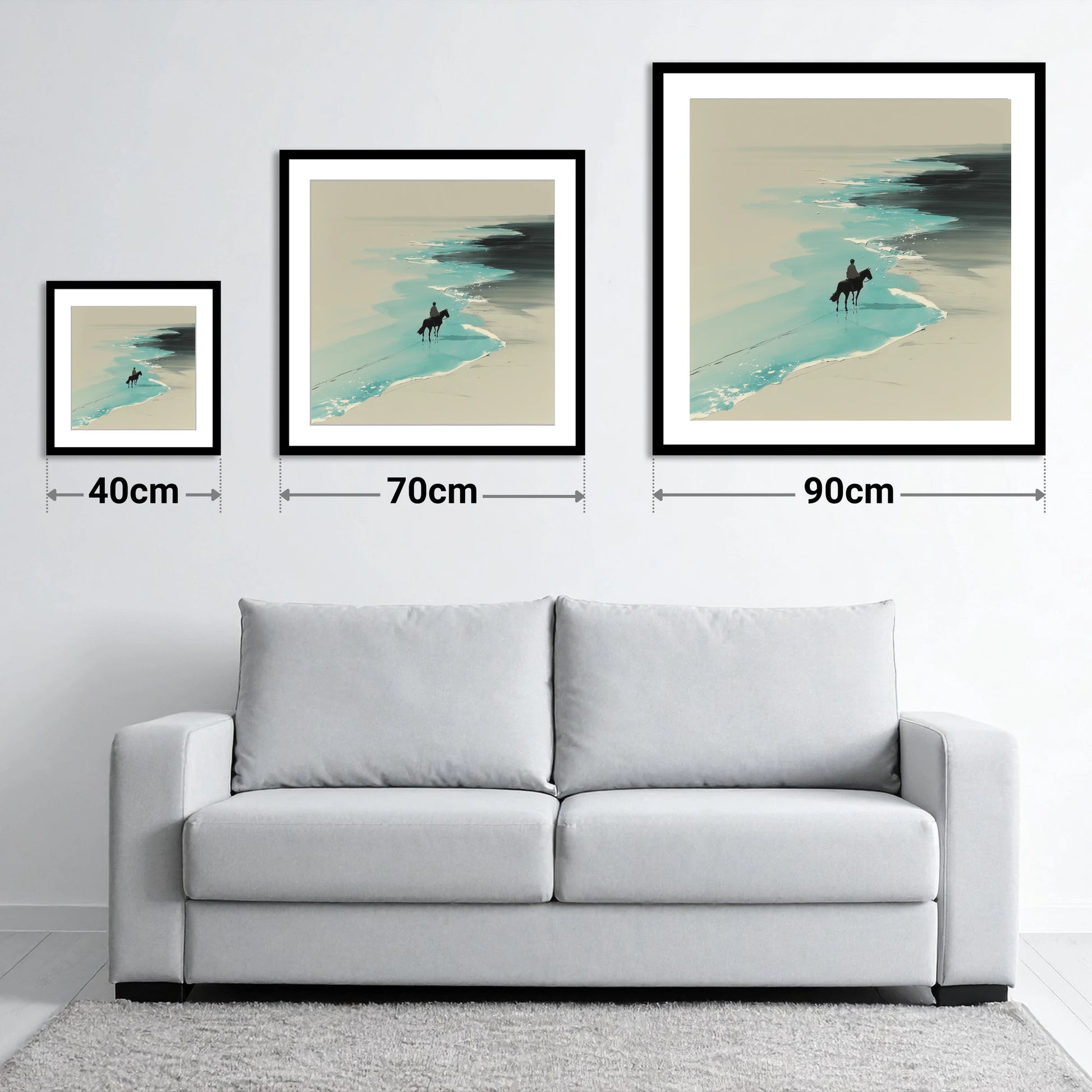 Edge of the Tide - size guide showing 40cm, 70cm and 90cm art prints