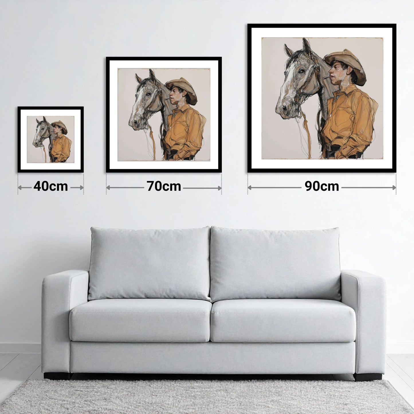 The Silent Bond - size guide showing 40cm, 70cm and 90cm art prints