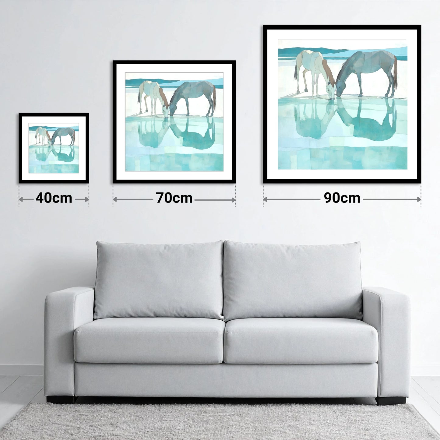 Mirrored Serenity - size guide showing 40cm, 70cm and 90cm art prints