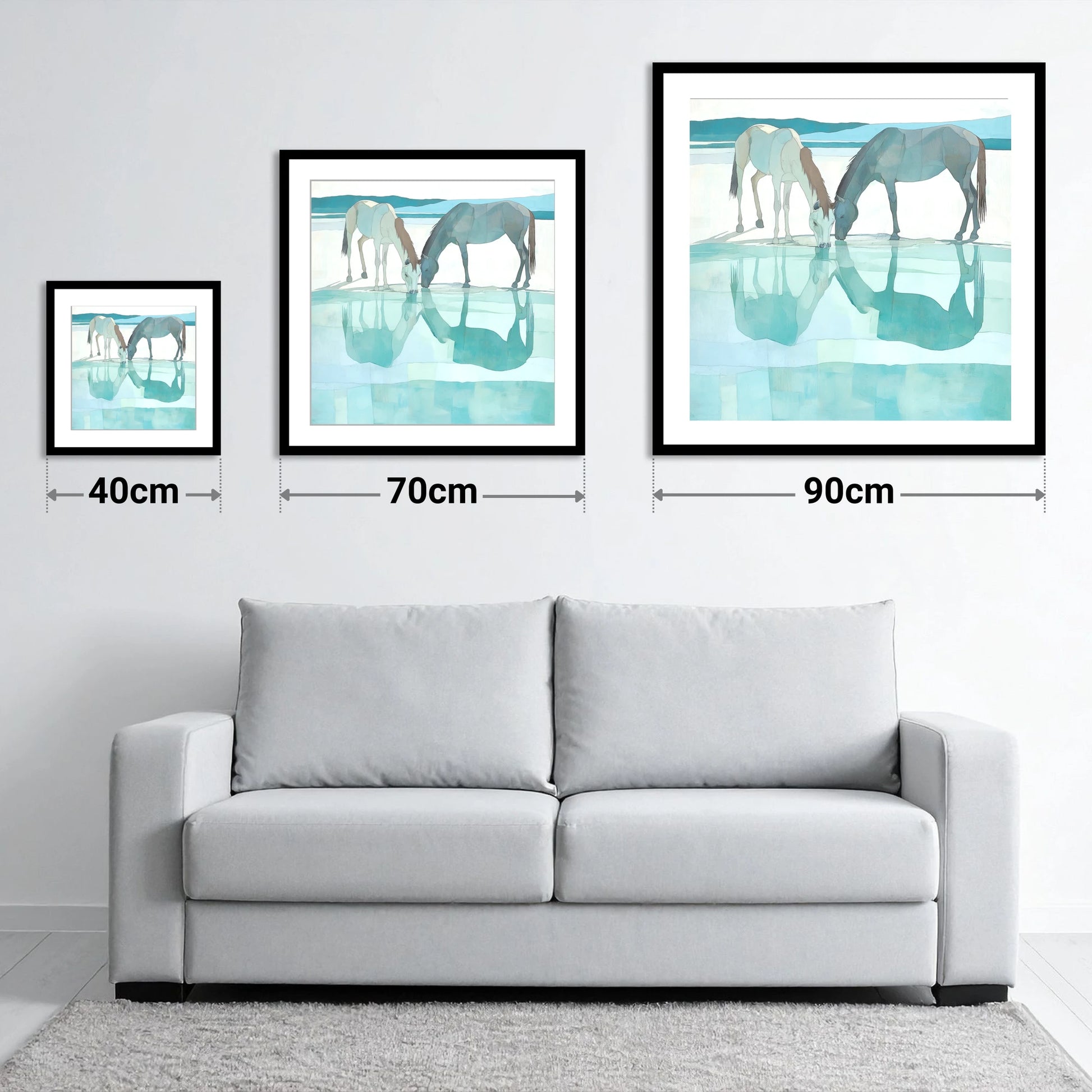 Mirrored Serenity - size guide showing 40cm, 70cm and 90cm art prints