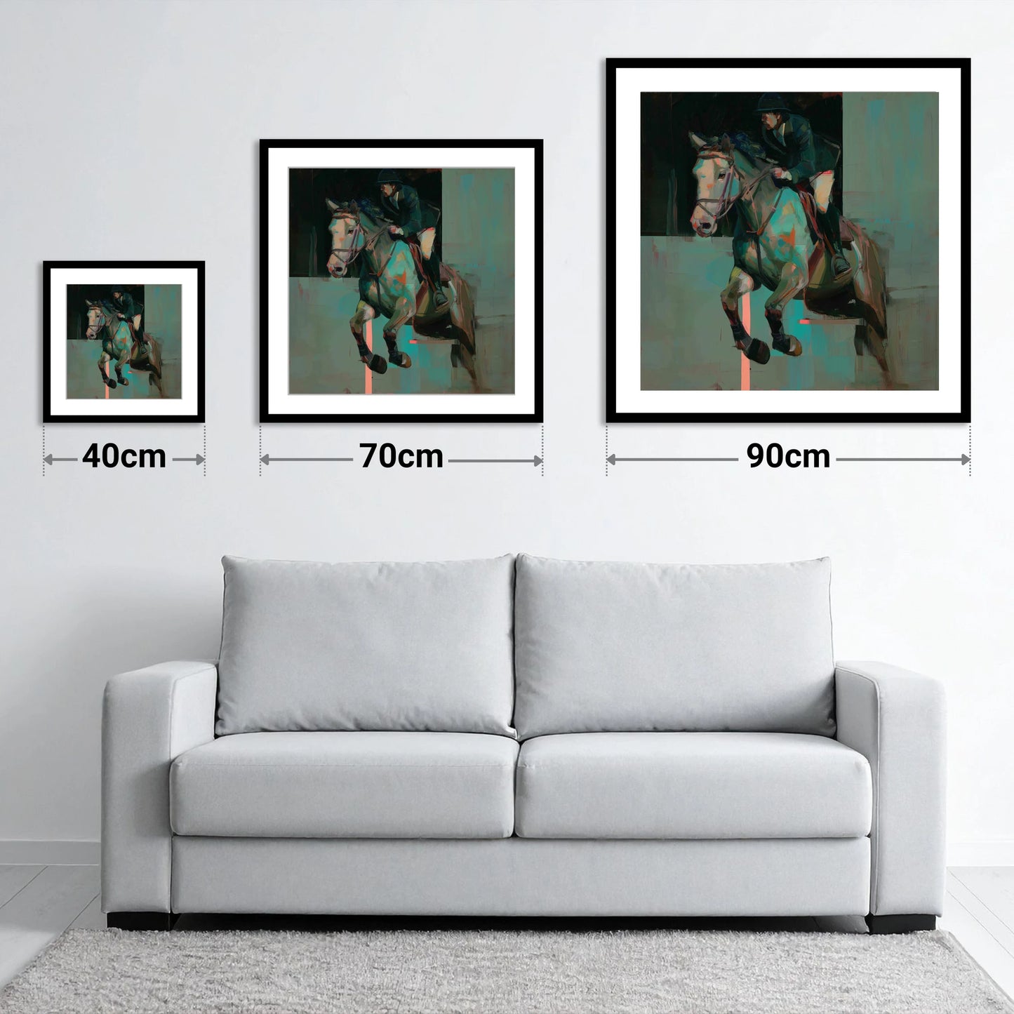 Suspended in Colour - size guide showing 40cm, 70cm and 90cm art prints