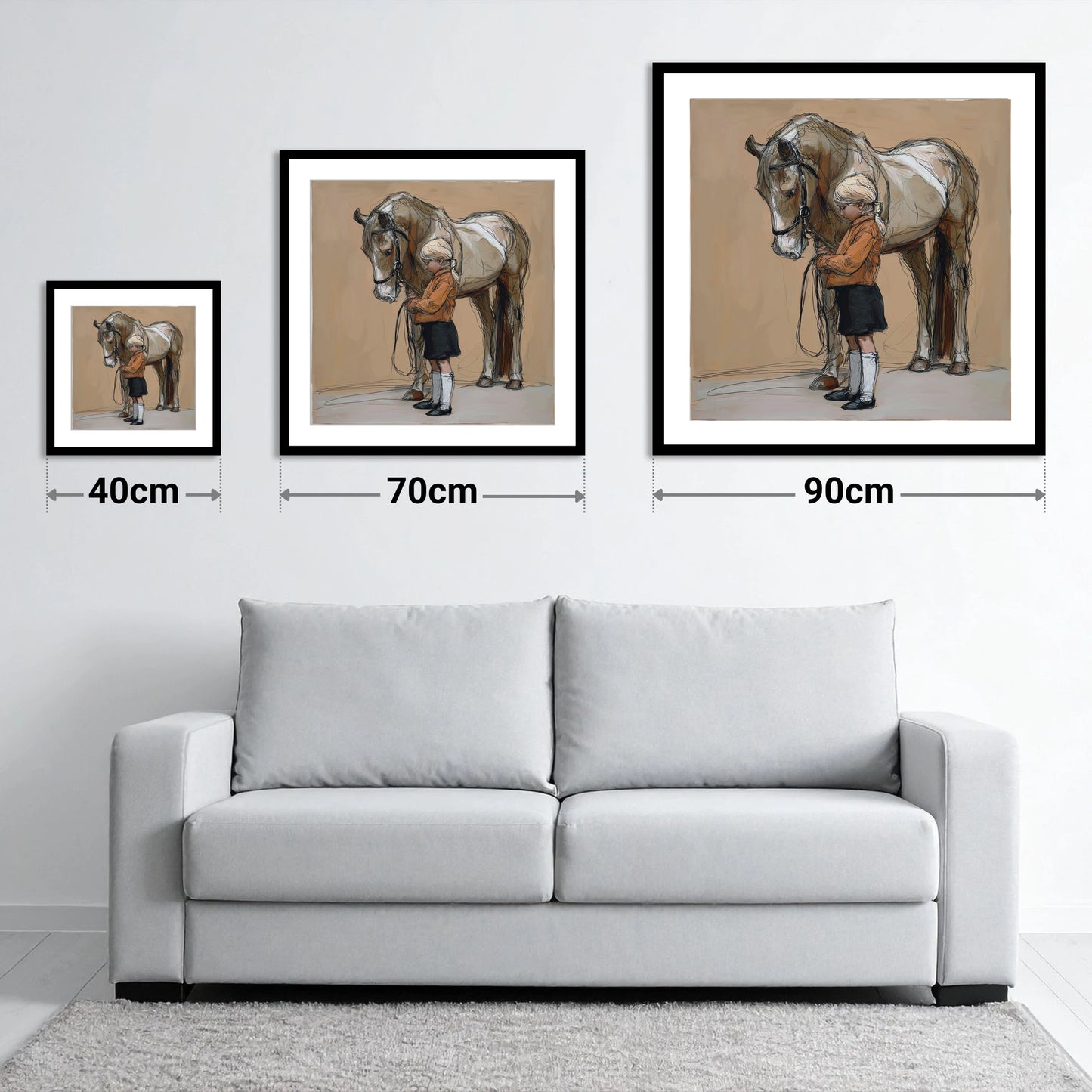Gentle Companionship - size guide showing 40cm, 70cm and 90cm art prints