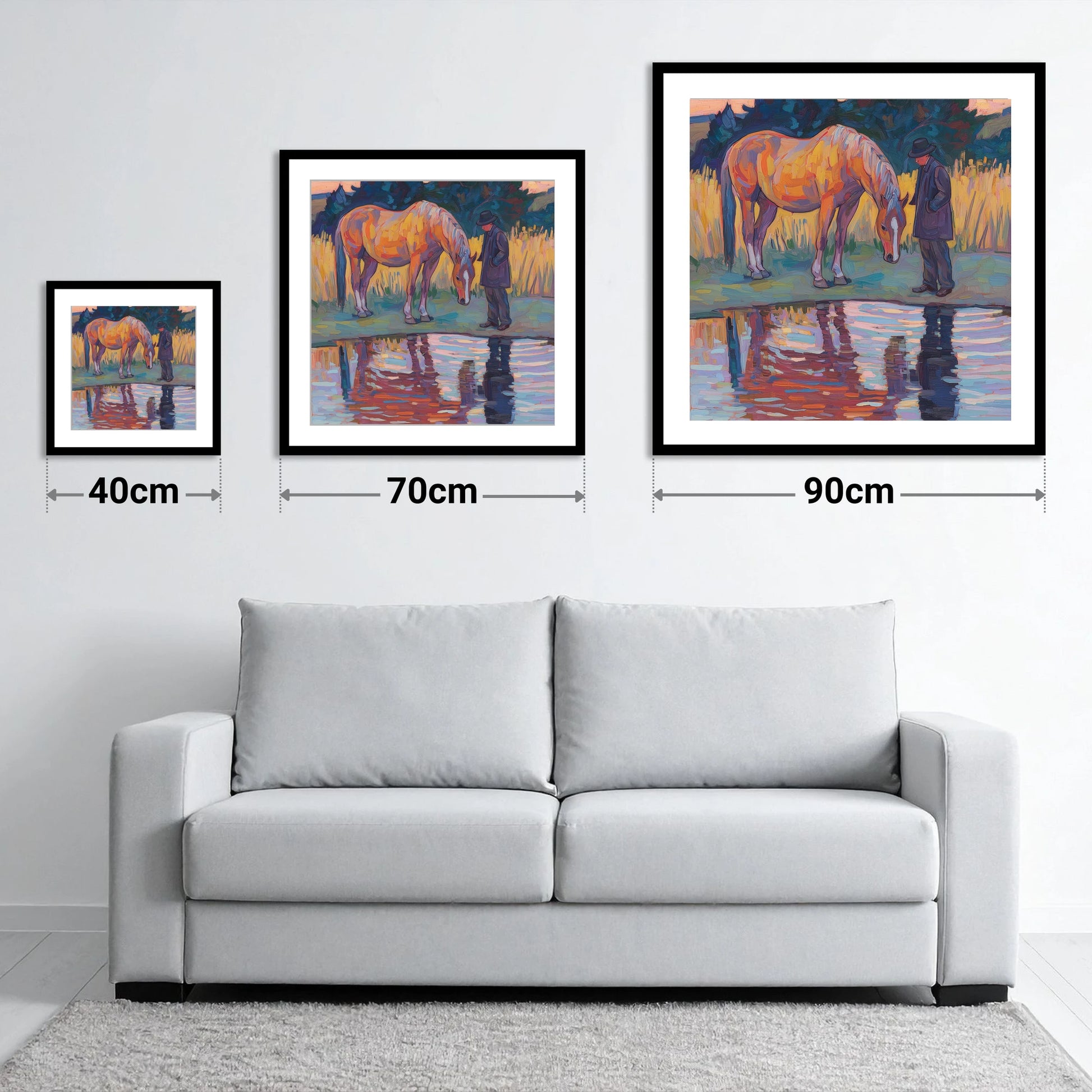 Quiet Reflections - size guide showing 40cm, 70cm and 90cm art prints