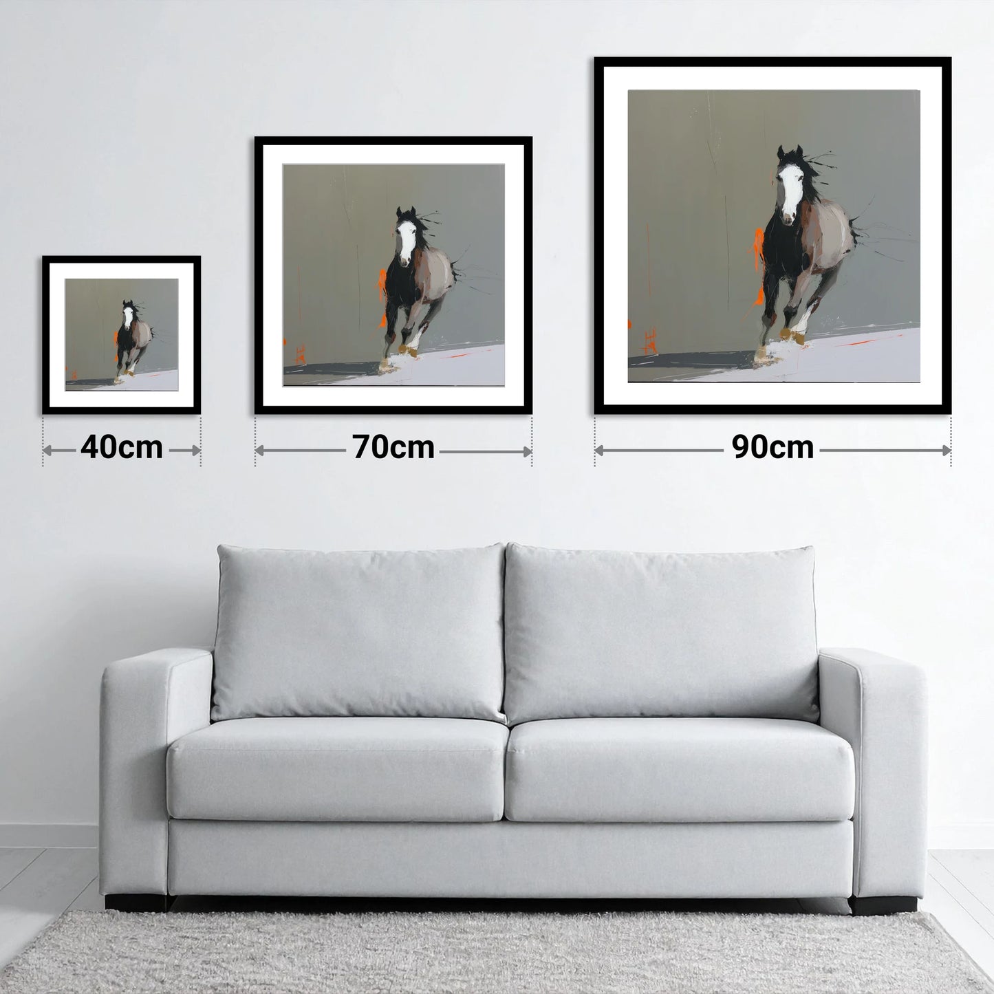 Striking Forward Impulse - size guide showing 40cm, 70cm and 90cm art prints