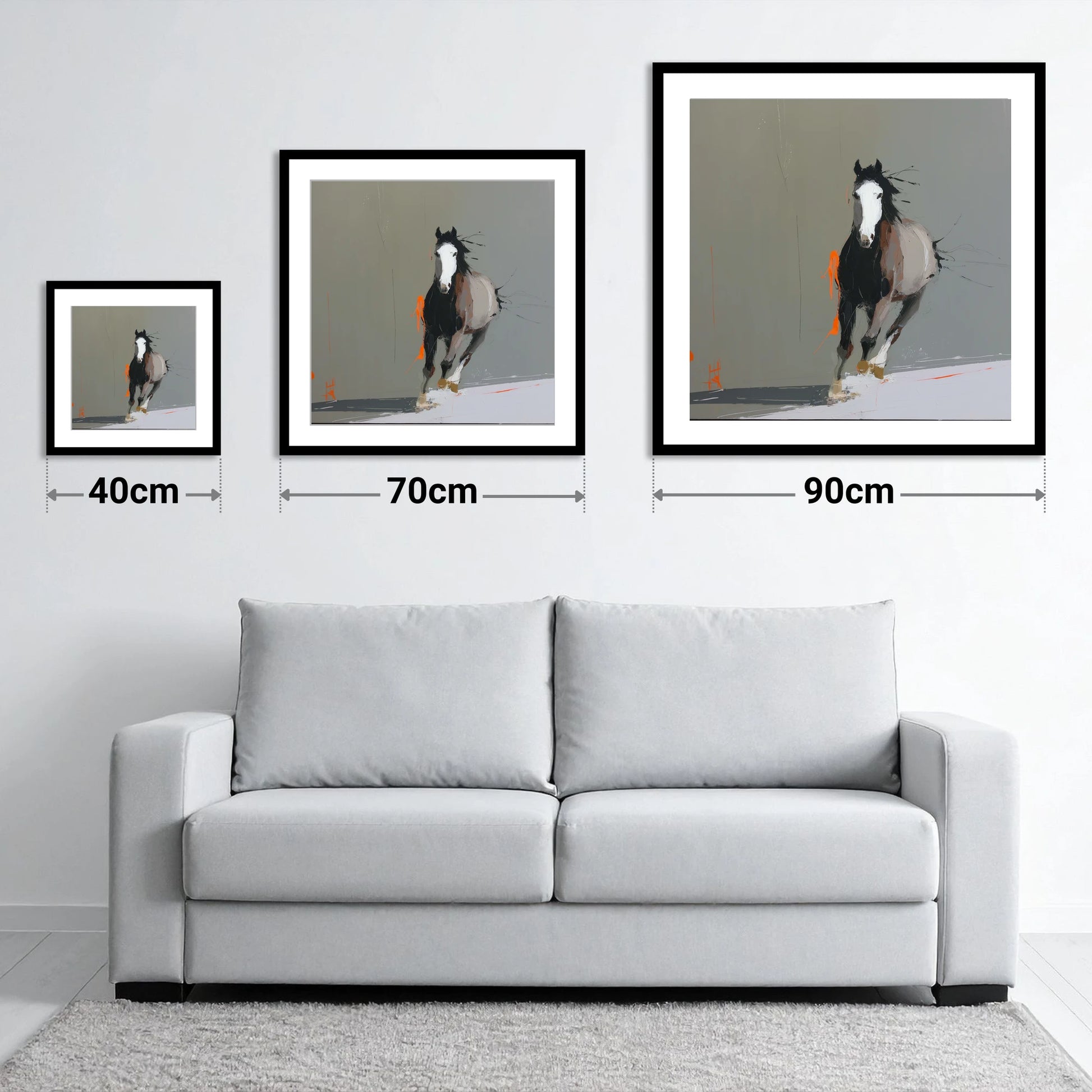 Striking Forward Impulse - size guide showing 40cm, 70cm and 90cm art prints