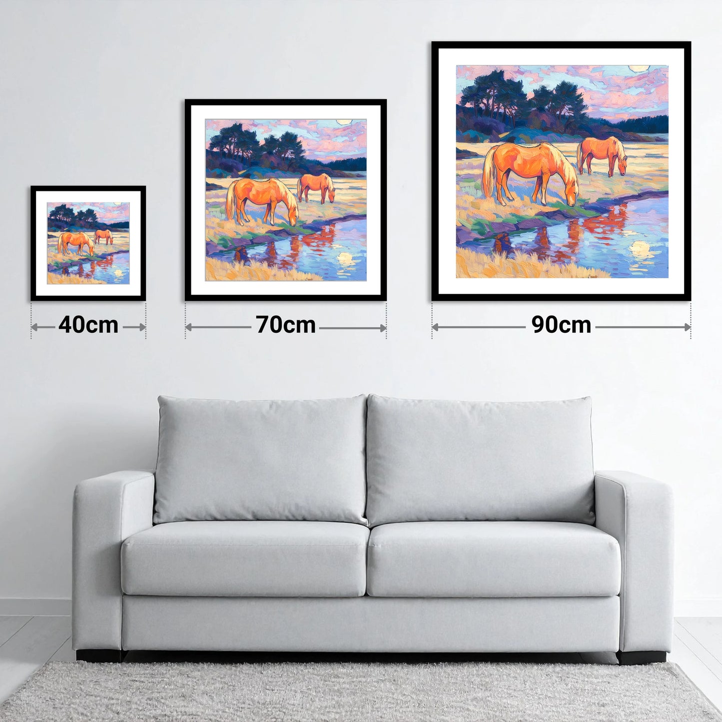 Evening Pasture Reflections - size guide showing 40cm, 70cm and 90cm art prints