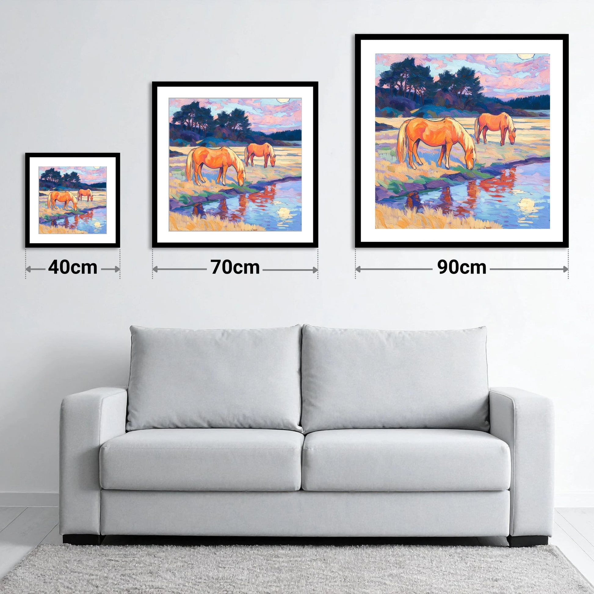 Evening Pasture Reflections - size guide showing 40cm, 70cm and 90cm art prints
