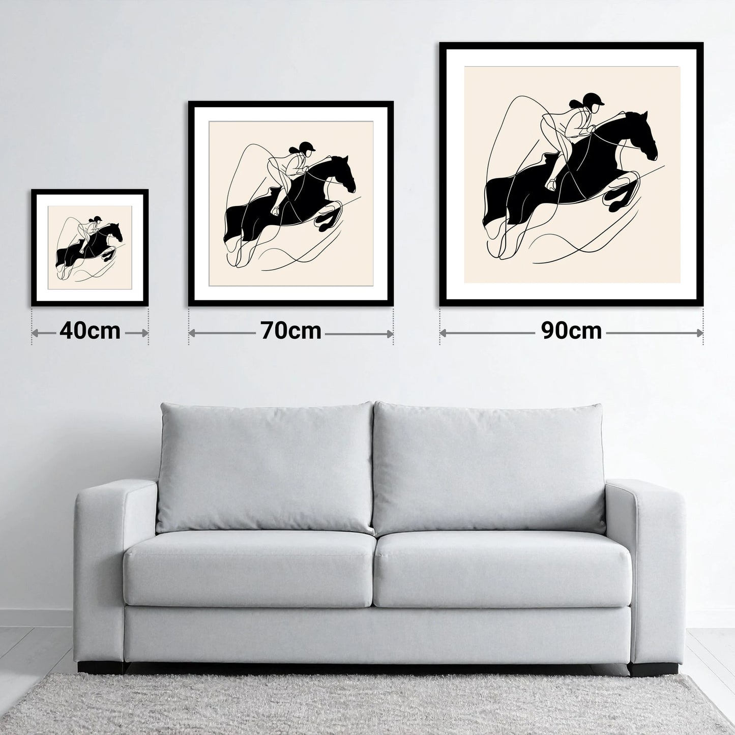 Fluid Showjumping Silhouette - size guide showing 40cm, 70cm and 90cm art prints