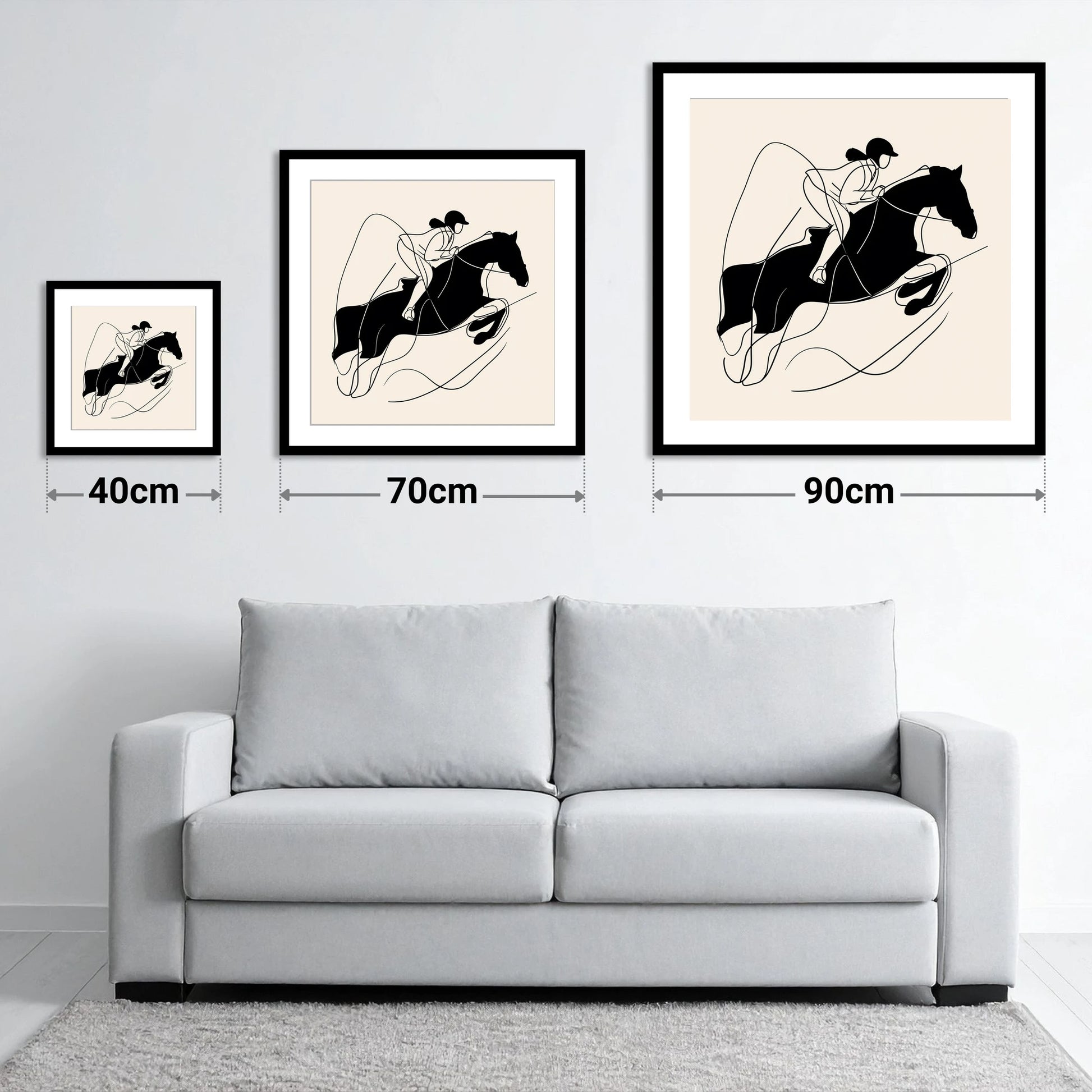 Fluid Showjumping Silhouette - size guide showing 40cm, 70cm and 90cm art prints