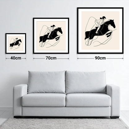 Fluid Showjumping Silhouette - size guide showing 40cm, 70cm and 90cm art prints