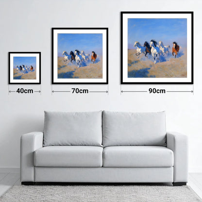 The Cerulean Gallop - size guide showing 40cm, 70cm and 90cm art prints
