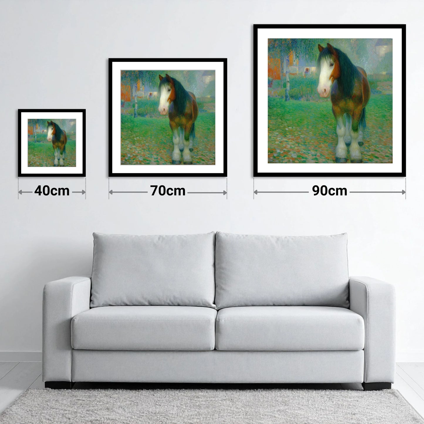 Luminous Gentle Giant - size guide showing 40cm, 70cm and 90cm art prints
