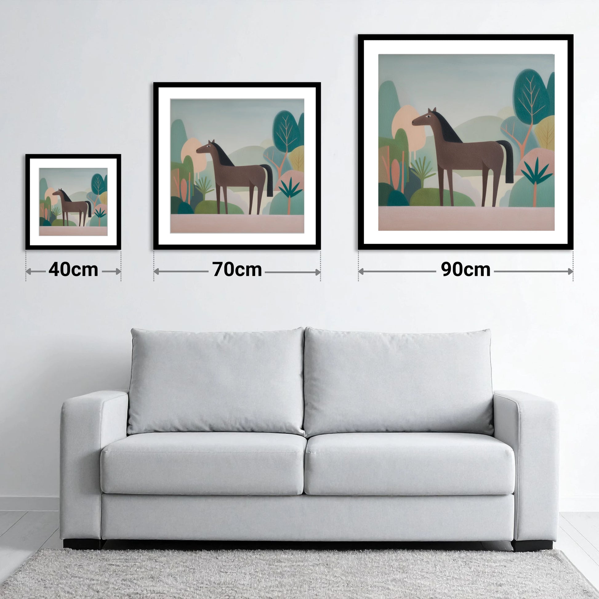 The Quiet Valley - size guide showing 40cm, 70cm and 90cm art prints