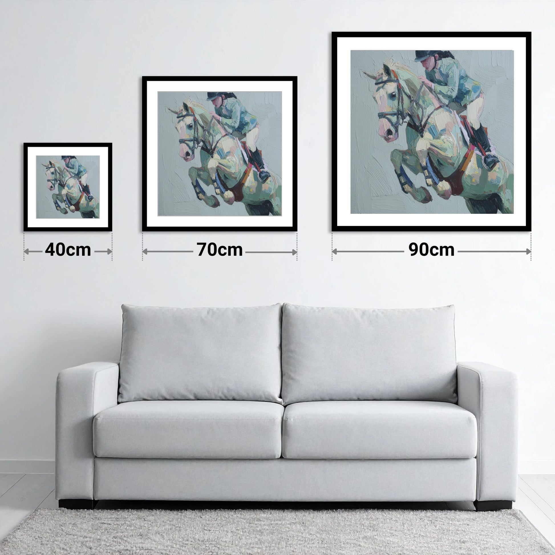 Pastel Flight Mid-Air - size guide showing 40cm, 70cm and 90cm art prints