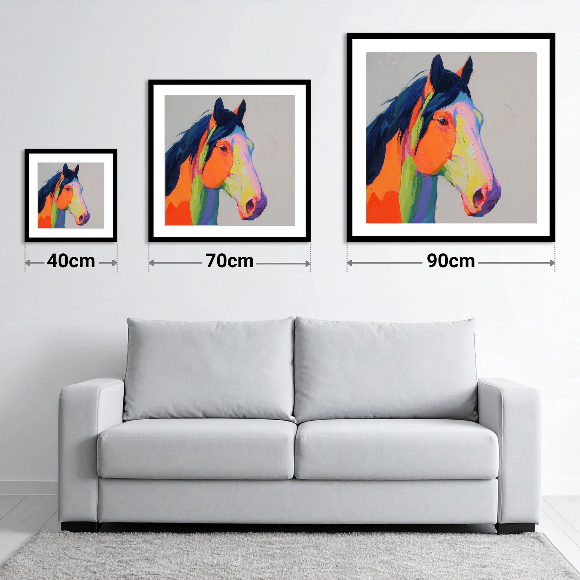 Technicolour Equine Profile - size guide showing 40cm, 70cm and 90cm art prints