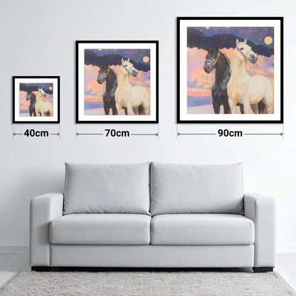 Midnight and Dawn - size guide showing 40cm, 70cm and 90cm art prints