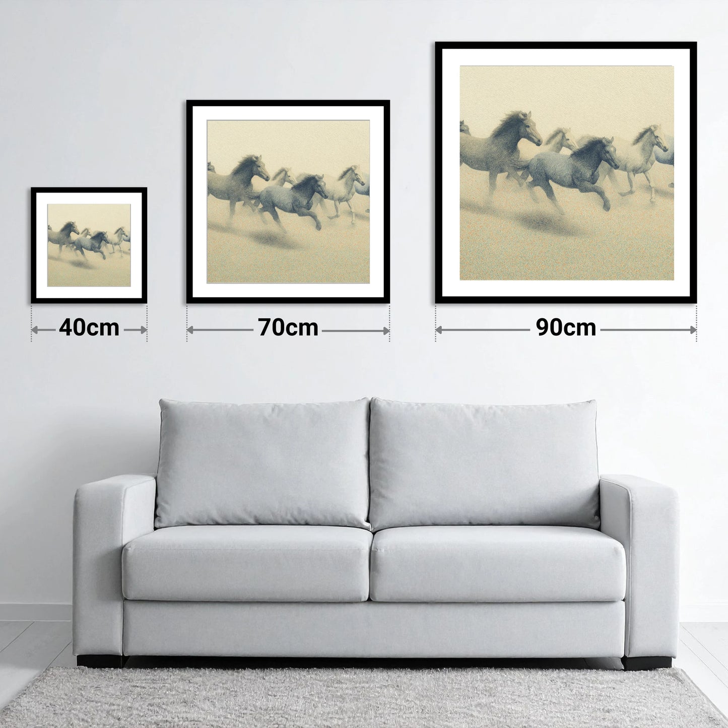 Rhythms of the Herd - size guide showing 40cm, 70cm and 90cm art prints