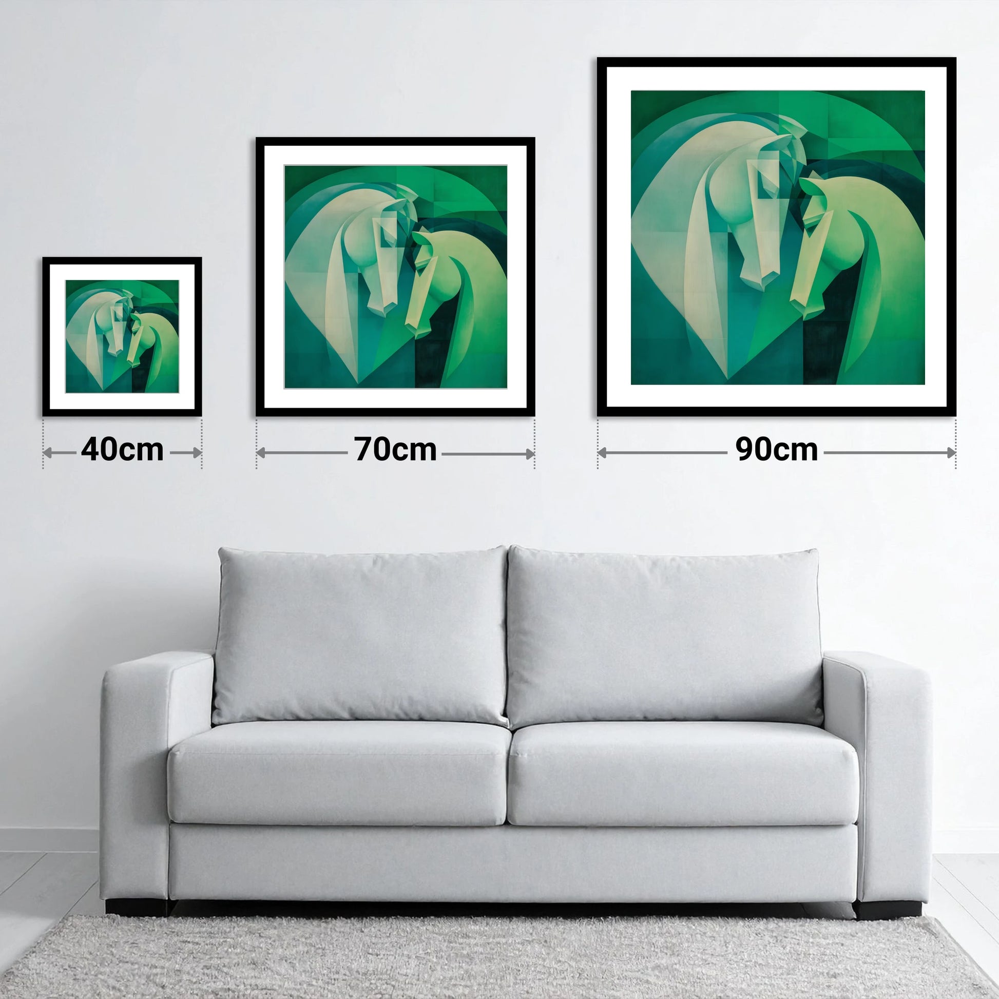 Verdant Harmony - size guide showing 40cm, 70cm and 90cm art prints