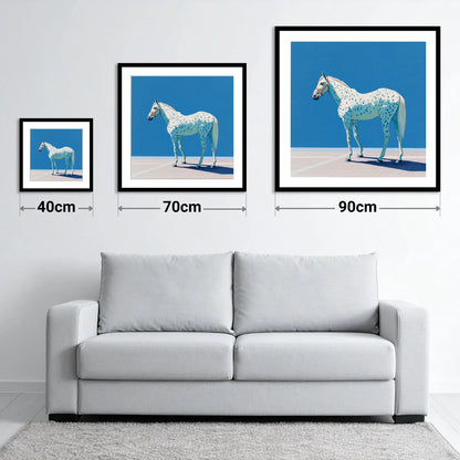 Appaloosa in Cerulean - size guide showing 40cm, 70cm and 90cm art prints