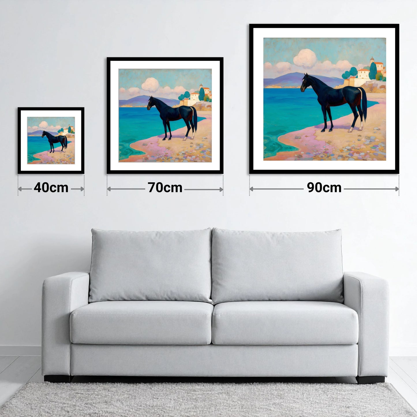 Midnight on the Riviera - size guide showing 40cm, 70cm and 90cm art prints