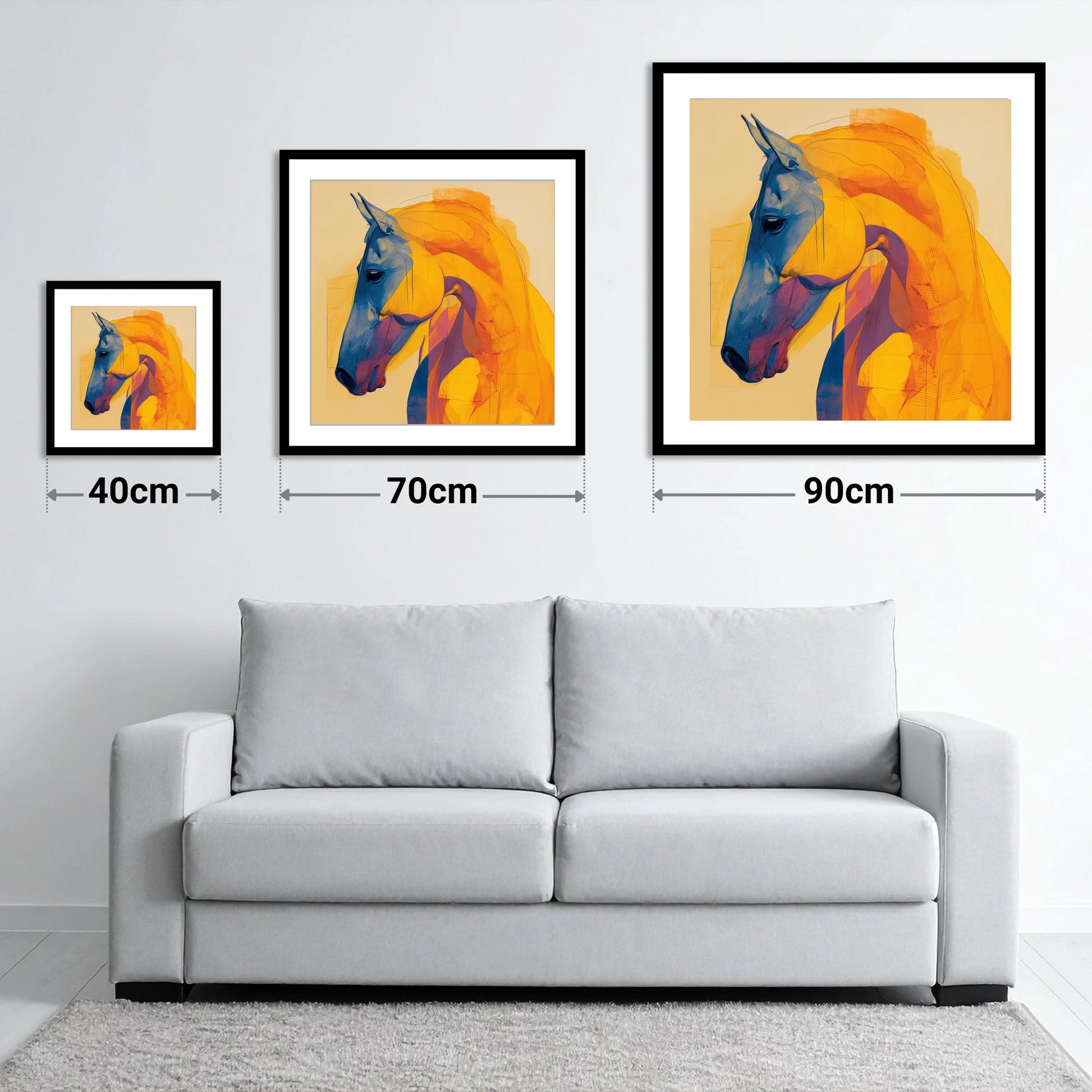 Cobalt and Gold Contour - size guide showing 40cm, 70cm and 90cm art prints